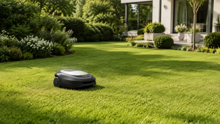Mähroboter fährt über einen gepflegten Rasen bei Tageslicht