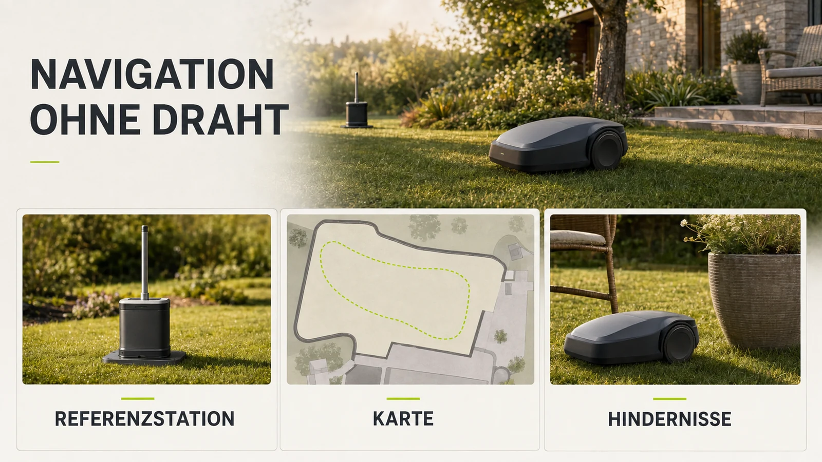 Drahtloser Mähroboter zieht eine präzise Bahn mit klarer Schnittkante über den Rasen