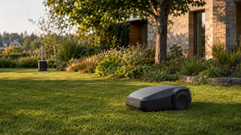Mähroboter ohne Begrenzungsdraht fährt über gepflegten Rasen, RTK-Referenzstation im goldenen Abendlicht