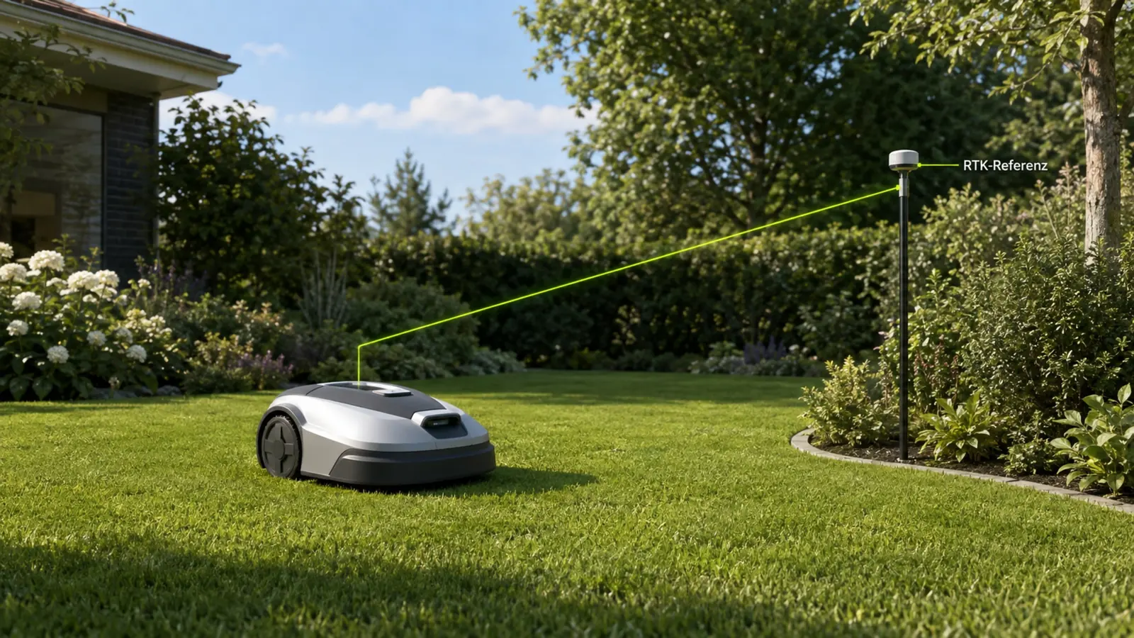 Mähroboter mit kleiner RTK-Antenne als Referenzstation auf dem Rasen