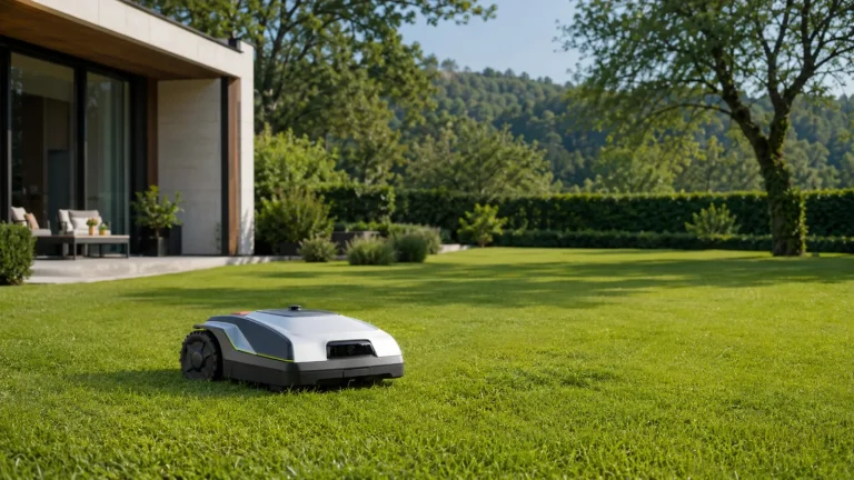 Moderner drahtloser Mähroboter auf einem großen Rasen