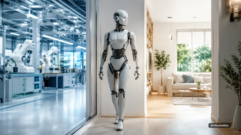 Ein humanoider Roboter mit weißer Verkleidung geht durch einen Türrahmen. Links hinter Glas eine helle Fertigungshalle mit Industrierobotern, rechts ein bewohntes Wohnzimmer mit Sofa, Pflanze und Bücherregal.