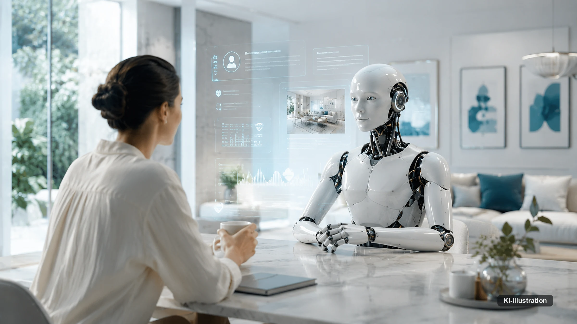 Heller Wohnraum. Eine Frau sitzt mit einer Tasse an einem Tisch, ihr gegenüber ein humanoider Roboter mit weißer Verkleidung. Zwischen beiden schwebt eine halbtransparente Bedienfläche mit angedeuteten Anzeigen.