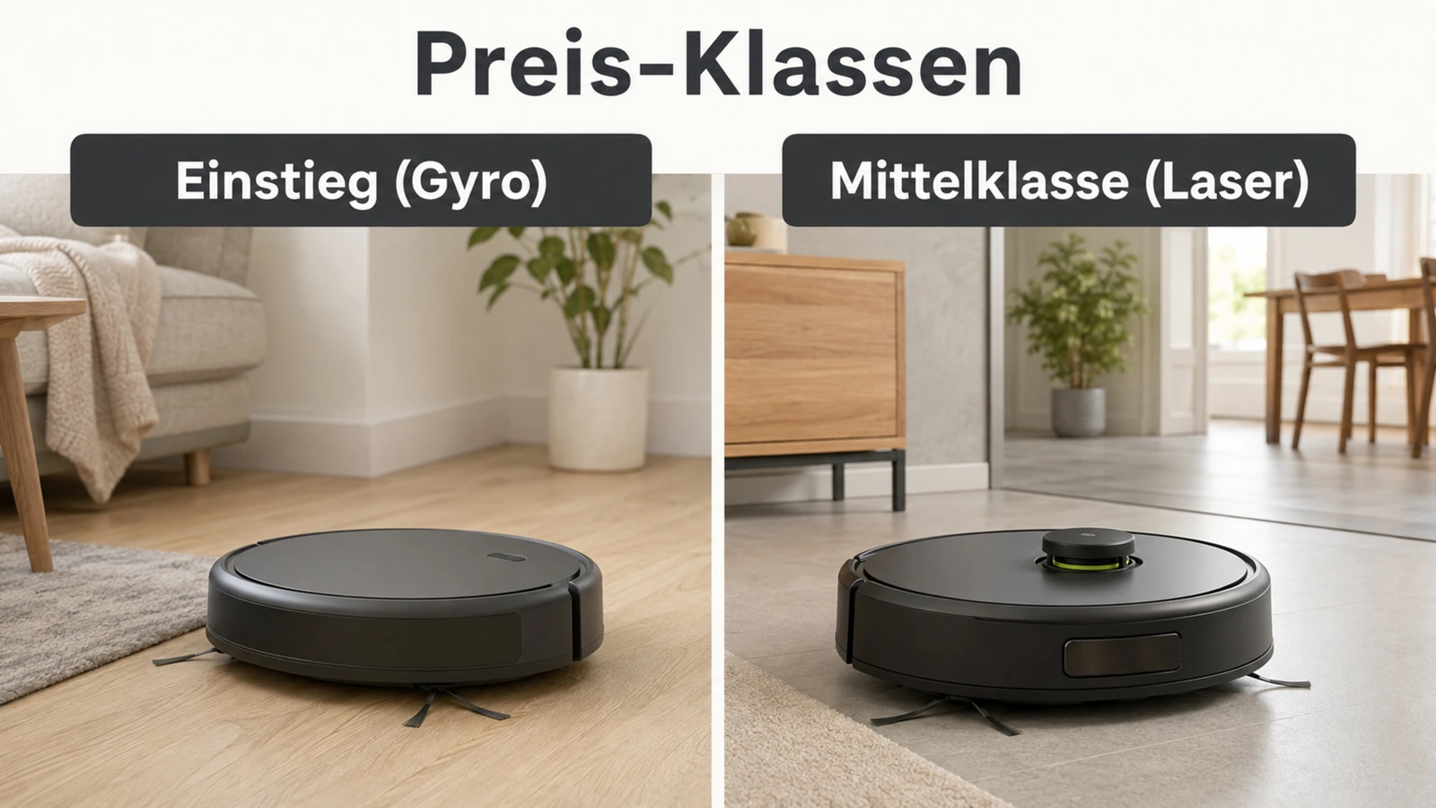 Infografik zu Preisklassen von Saugrobotern: Einstieg mit Gyro und Mittelklasse mit Laser