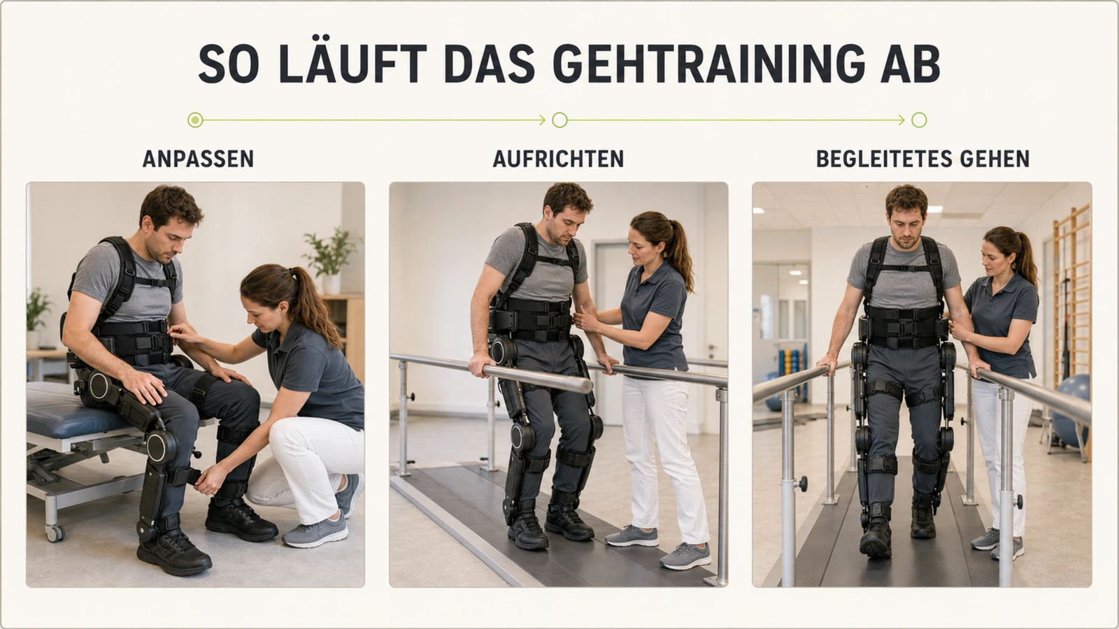 Gehtraining mit einem medizinischen Exoskelett in seitlicher Ganzkörperansicht