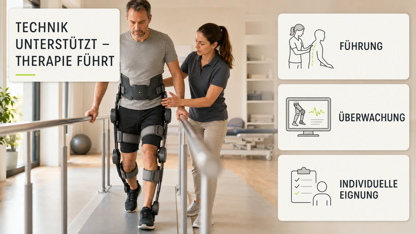 Therapeut justiert die Beinschiene eines medizinischen Exoskeletts bei der Patientenbetreuung