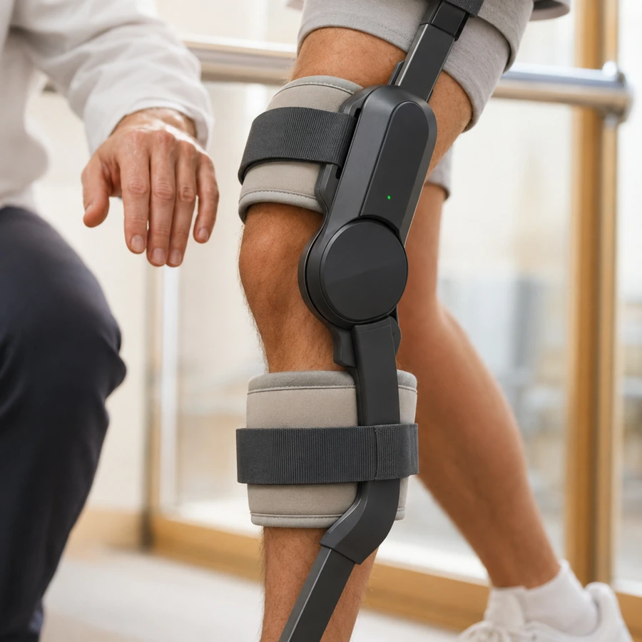 Close-up des motorisierten Kniegelenks eines medizinischen Exoskeletts