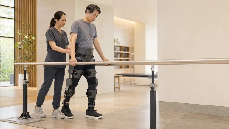 Person geht im medizinischen Reha-Exoskelett zwischen Barren, Therapeut assistiert in heller Klinik