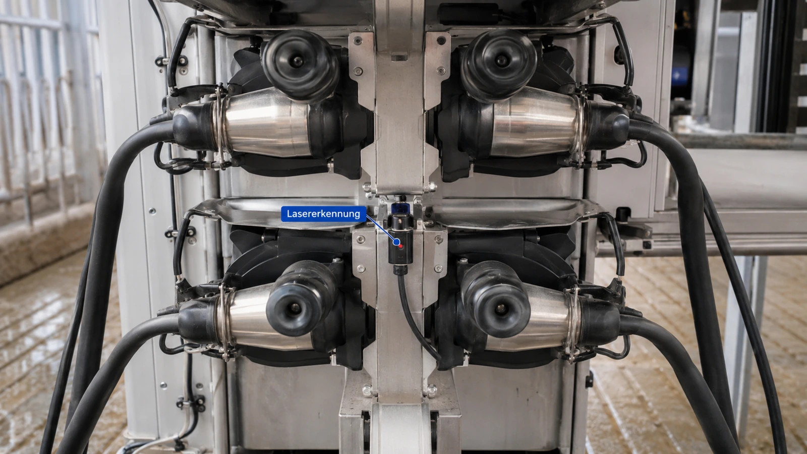 Nahaufnahme des Roboterarms mit vier Melkbechern und Lasersensor bei der Zitzenerkennung