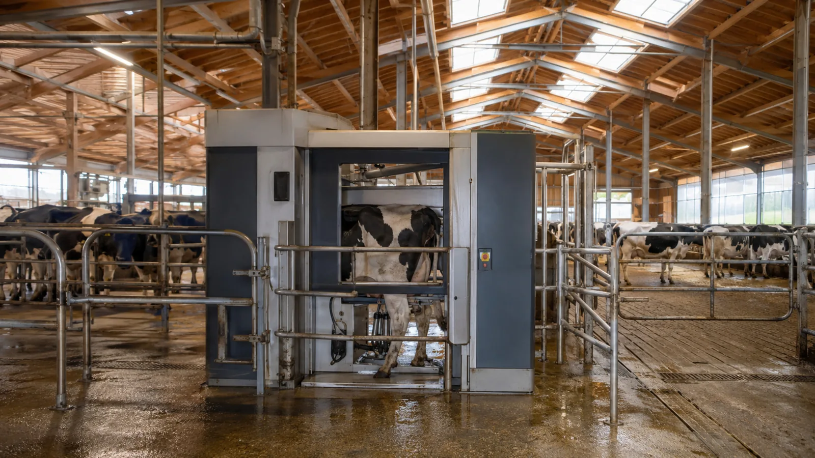 Blick in den modernen Milchviehstall mit der Melkbox im Zentrum und ruhiger Herde im Hintergrund