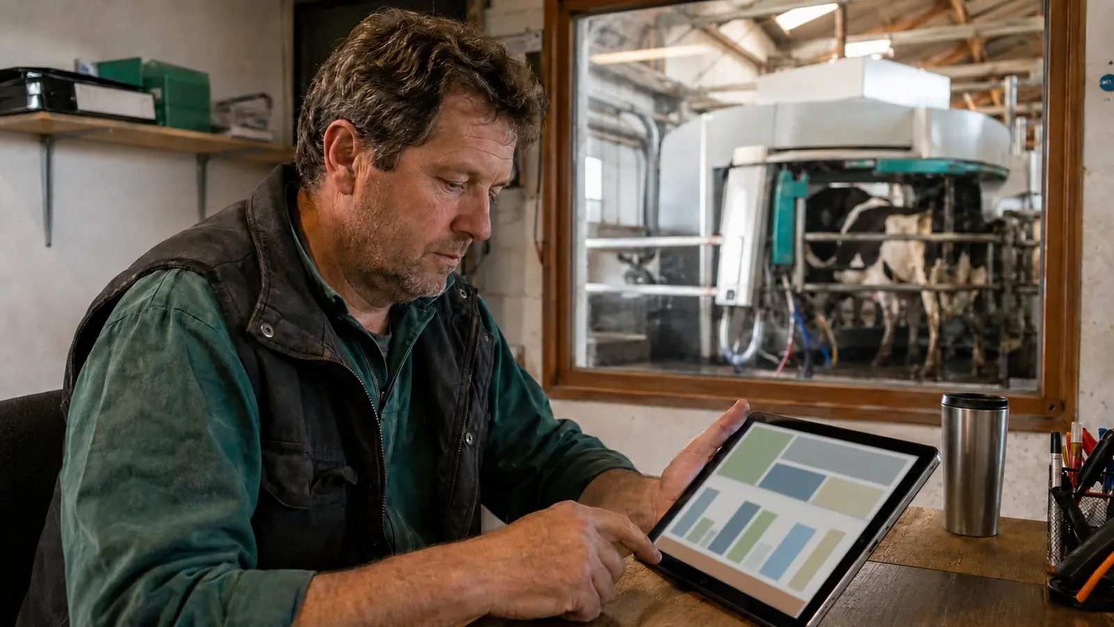 Landwirt prüft Betriebsdaten am Tablet im Stallbüro
