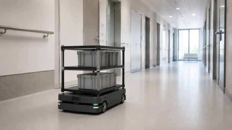 Flache mobile Transportplattform mit Regalaufbau in einem Klinik-Versorgungsgang.
