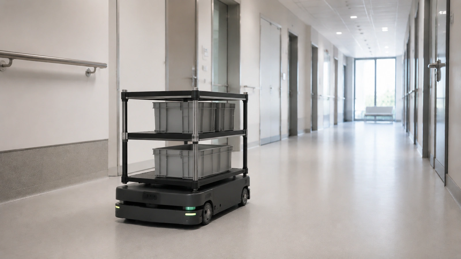 Flache mobile Transportplattform mit Regalaufbau in einem Klinik-Versorgungsgang.