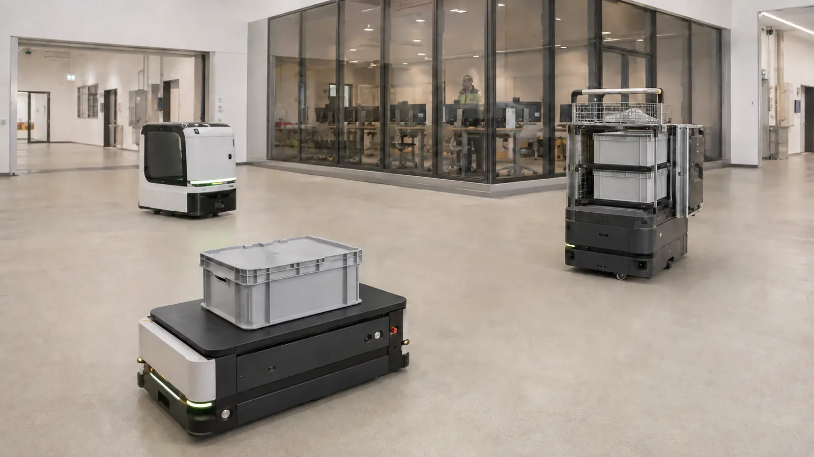 Mehrere unterschiedliche autonome Transportroboter fahren in einer Halle vor einem verglasten Leitstand.