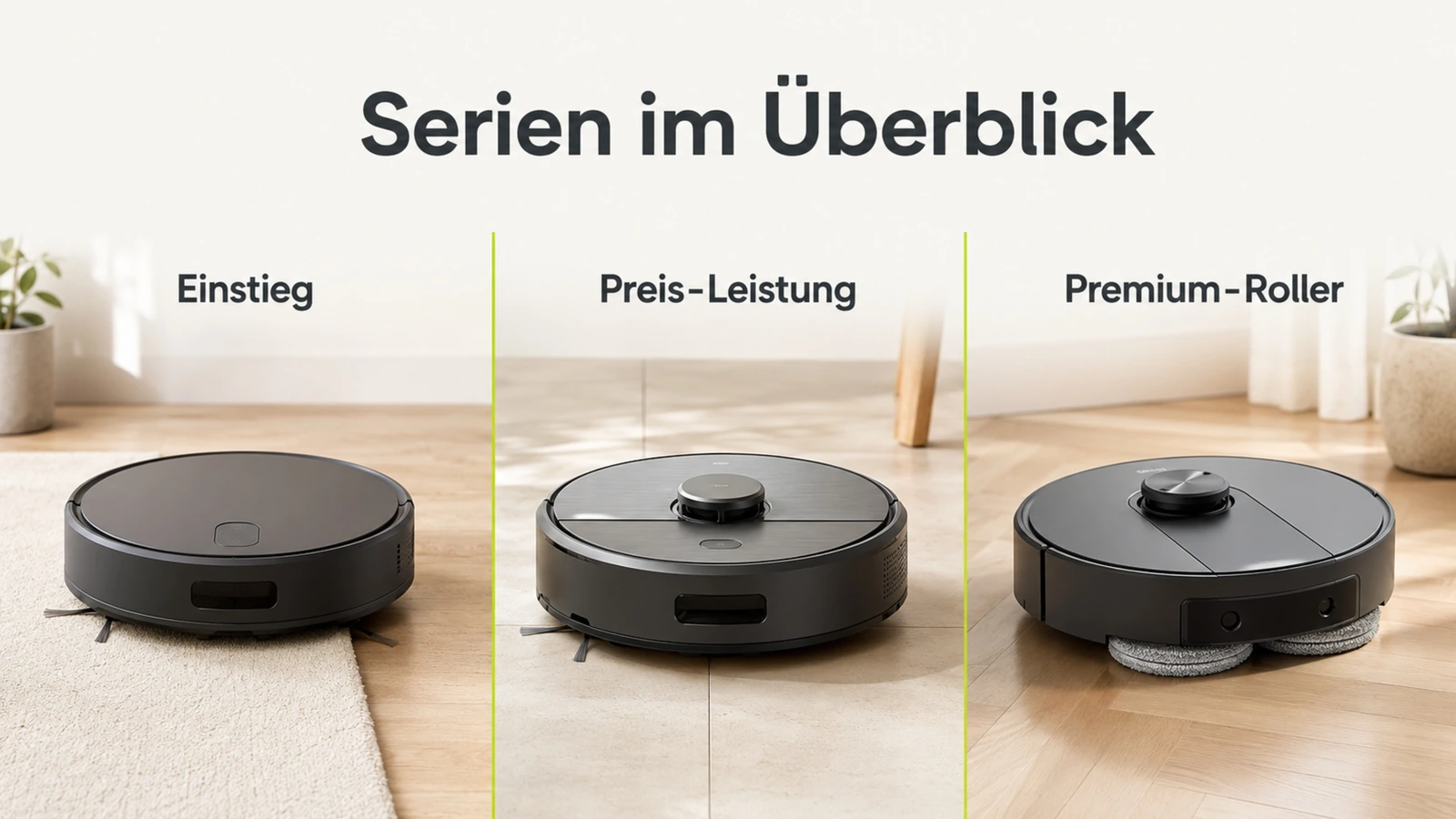 Infografik zu drei Saugroboter-Serien: Einstieg, Preis-Leistung und Premium