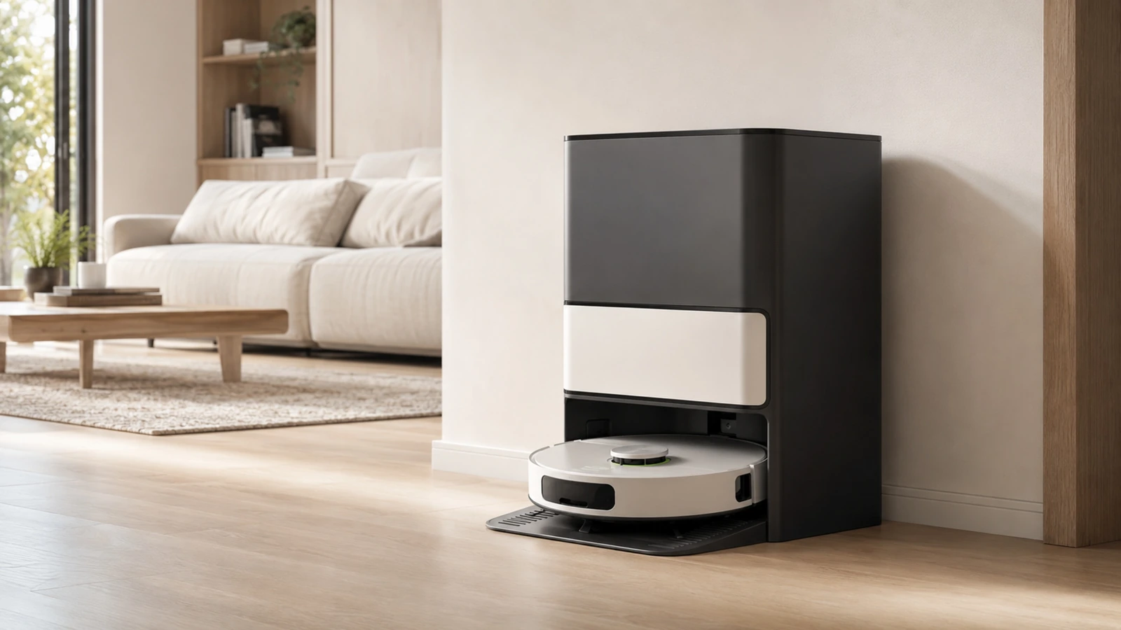 Moderner Saug-Wisch-Roboter mit Reinigungsstation in einem hellen Wohnzimmer
