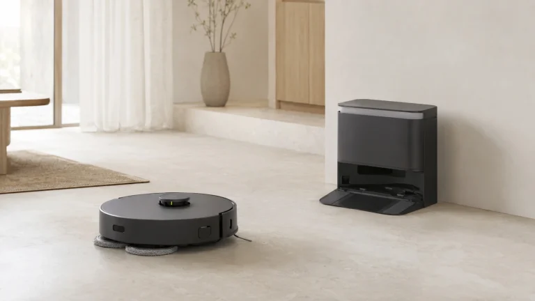 Premium-Wischroboter mit autonomem Dock in einem hellen, ruhigen Raum