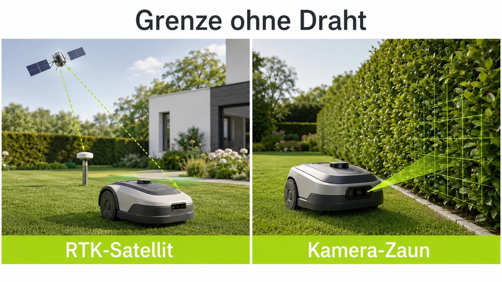 Infografik zur Rasengrenze ohne Draht mit RTK-Satellit und Kamera-Zaun