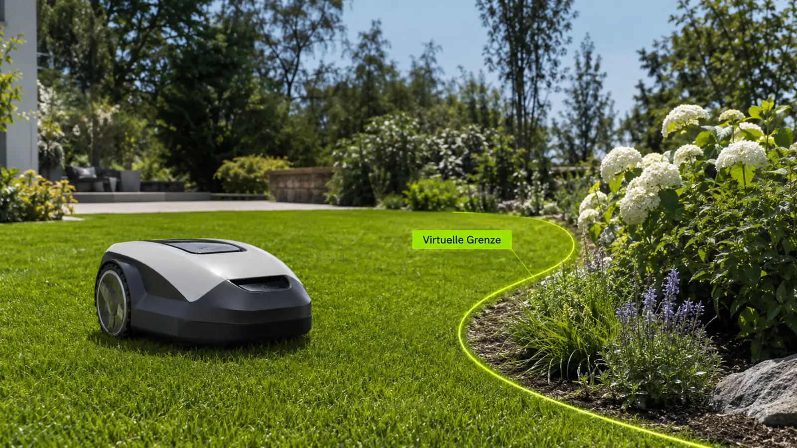 Mähroboter mit angedeuteter virtueller Rasenkante als dezente Linie