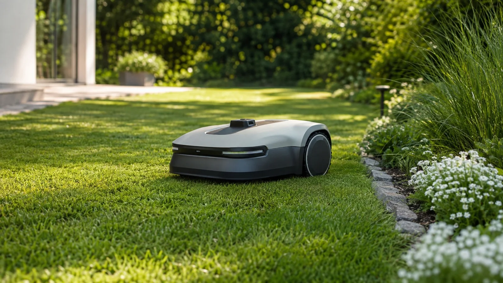 Drahtloser Mähroboter auf gepflegtem Rasen bei Tageslicht