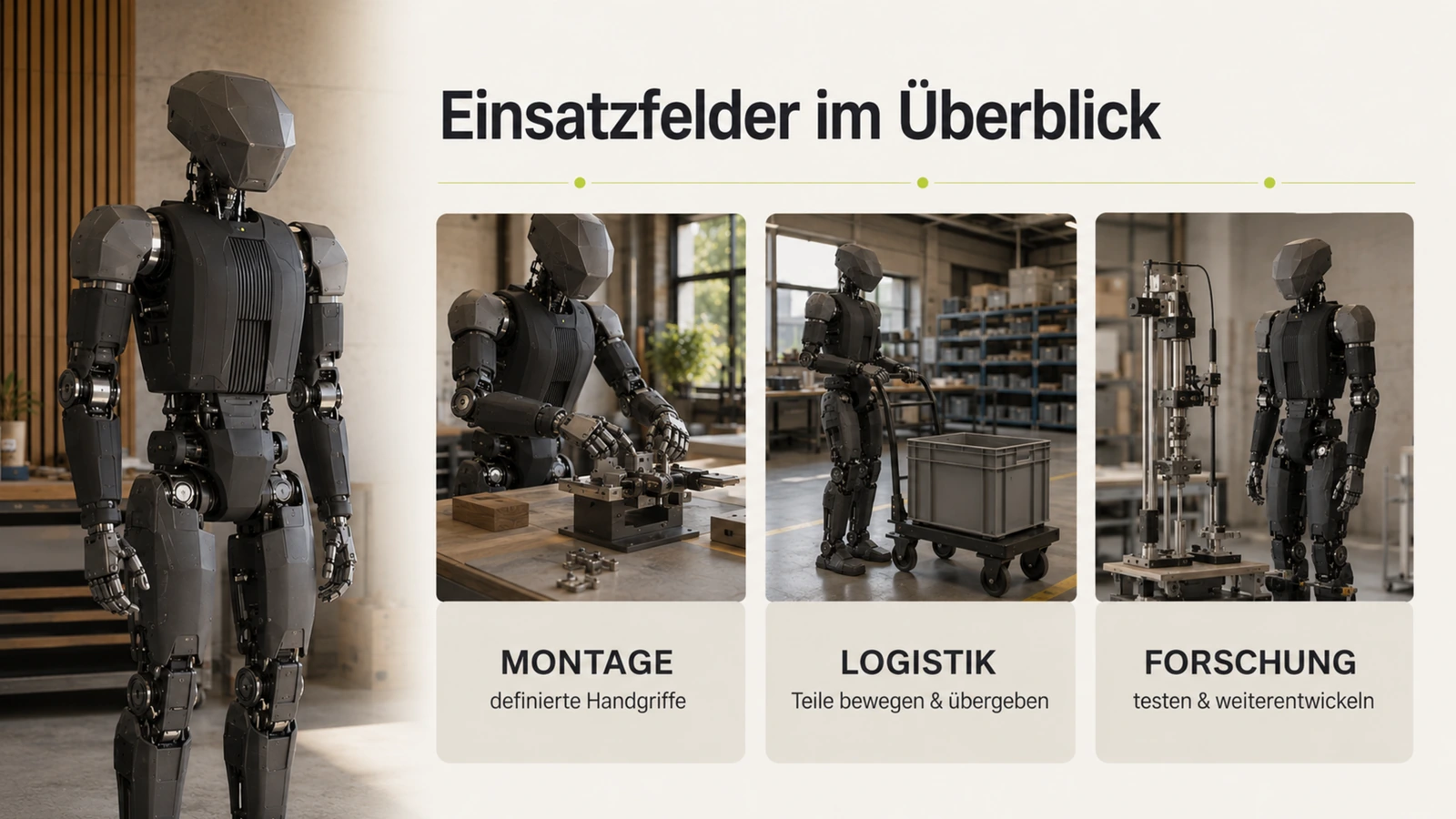 Neura-4NE1-artiger Roboter arbeitet an einer Montagestation, präzise Werkbank-Szene