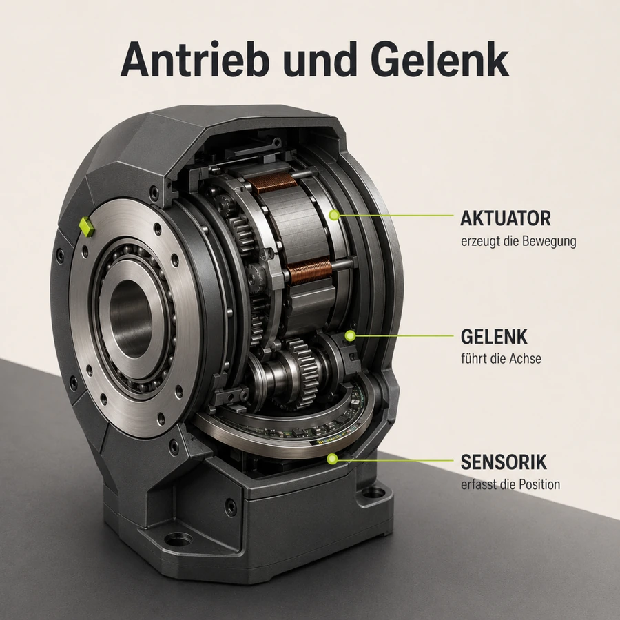 Close-up eines Roboter-Aktuators aus Graphit und Metall mit feinem Lime-Akzent