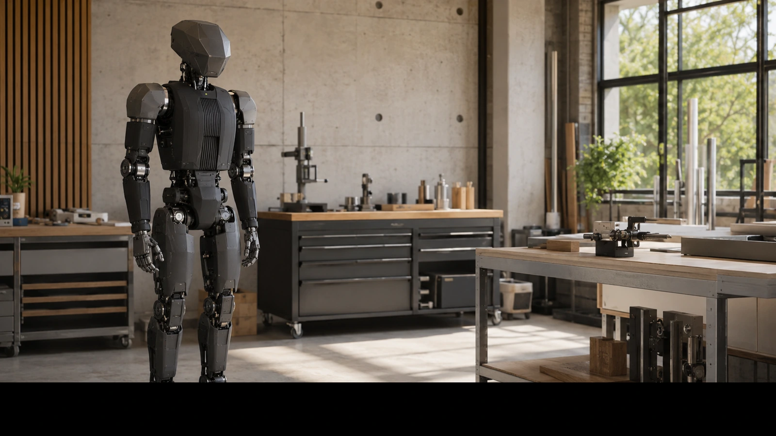 Humanoider Roboter im Stil des Neura 4NE1 in einer hellen deutschen Industriehalle, Lime-Lichtkante