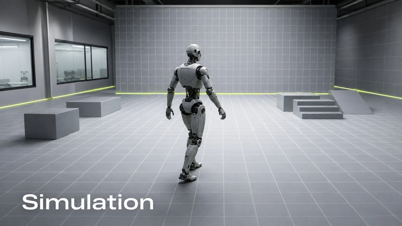 Generischer Roboter in einem virtuellen Raum mit weichem Bodengitter als Bild für das Training in Simulation