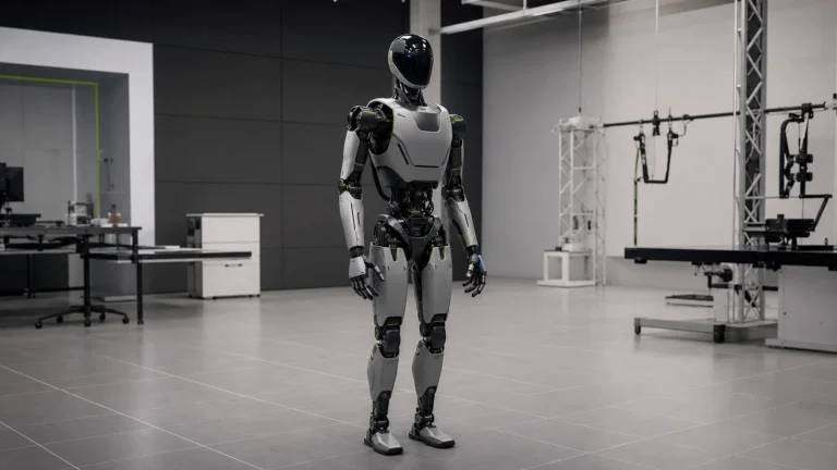 Generischer Humanoid in sauberer Forschungsumgebung mit angedeutetem Rasterboden als Sinnbild für die GR00T-Plattform