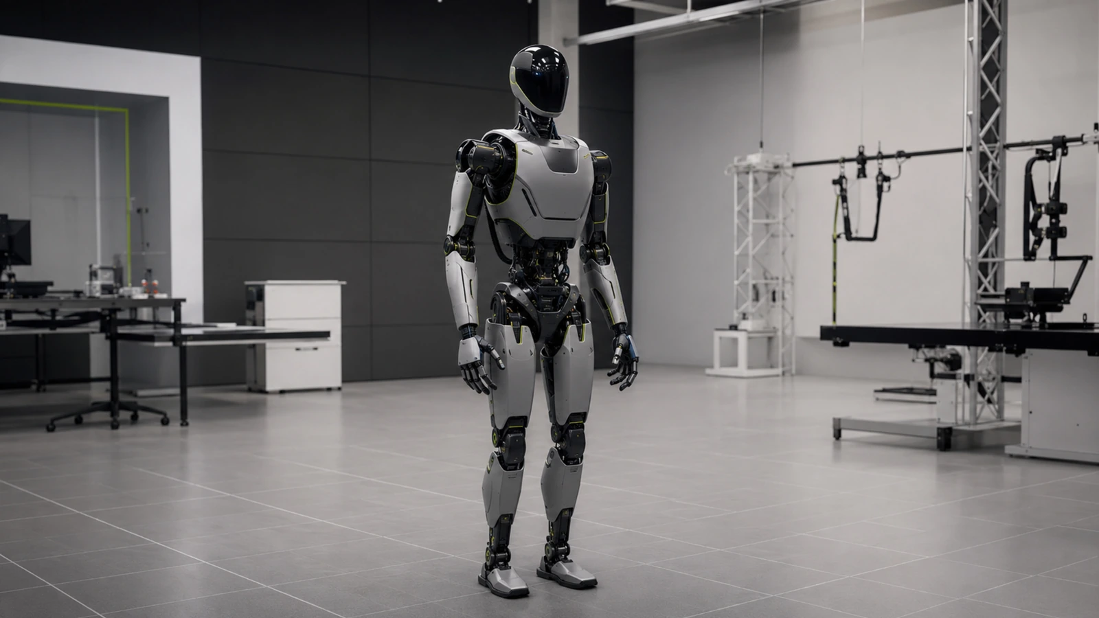 Generischer Humanoid in sauberer Forschungsumgebung mit angedeutetem Rasterboden als Sinnbild für die GR00T-Plattform