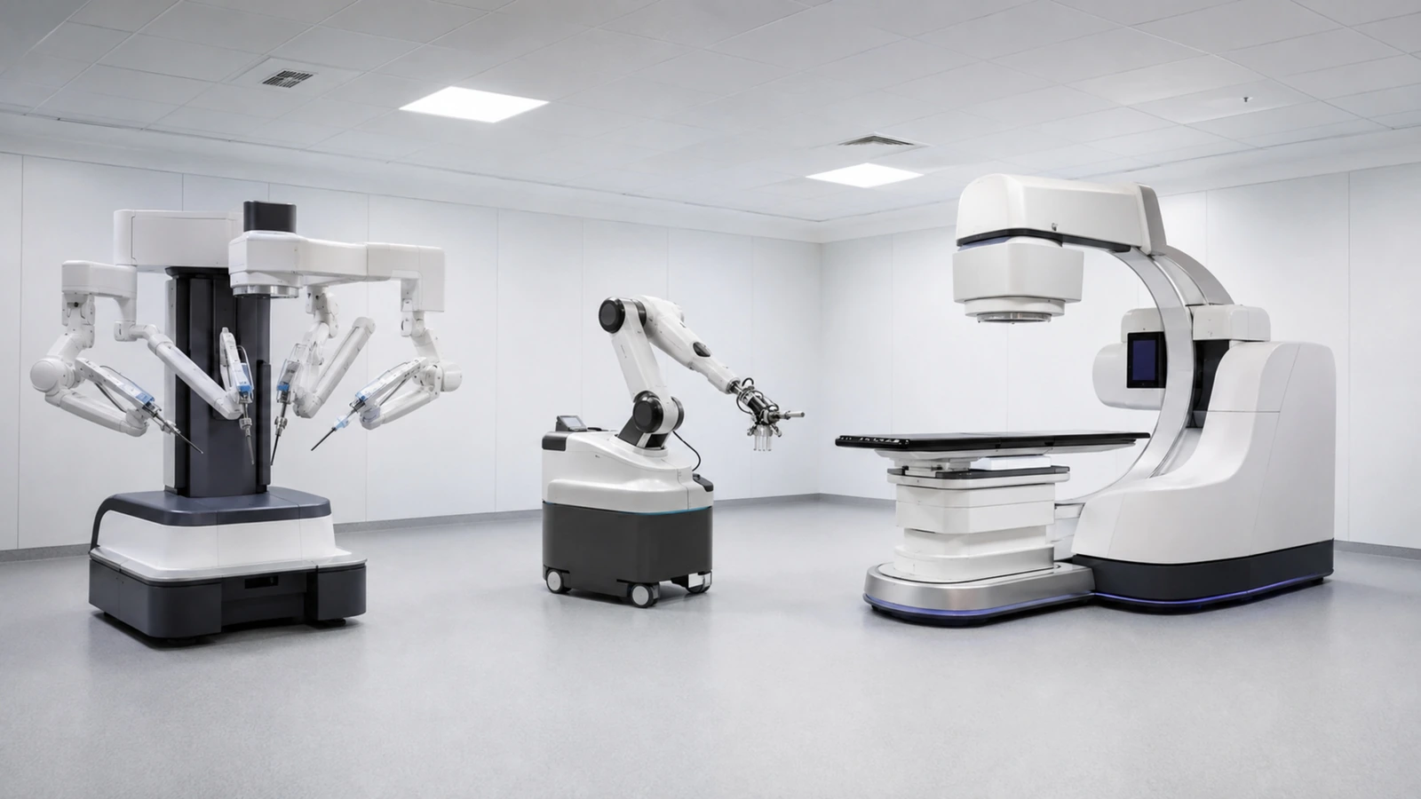 Verschiedene generische Medizinroboter nebeneinander vom mehrarmigen System bis zum Bestrahlungsarm