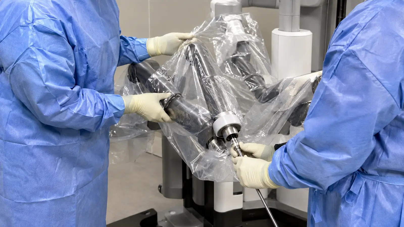 OP-Personal zieht sterile Hüllen über die Arme des OP-Roboters und rüstet das System