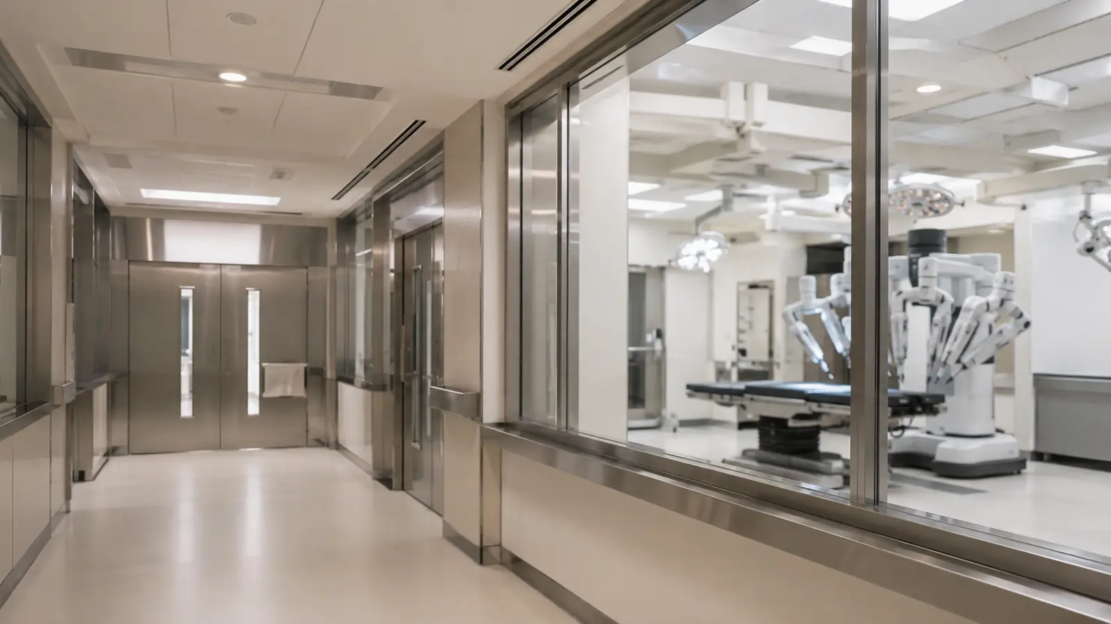 Blick vom Klinikflur durch die Glasfront in einen OP-Saal mit vorbereitetem Roboter-System