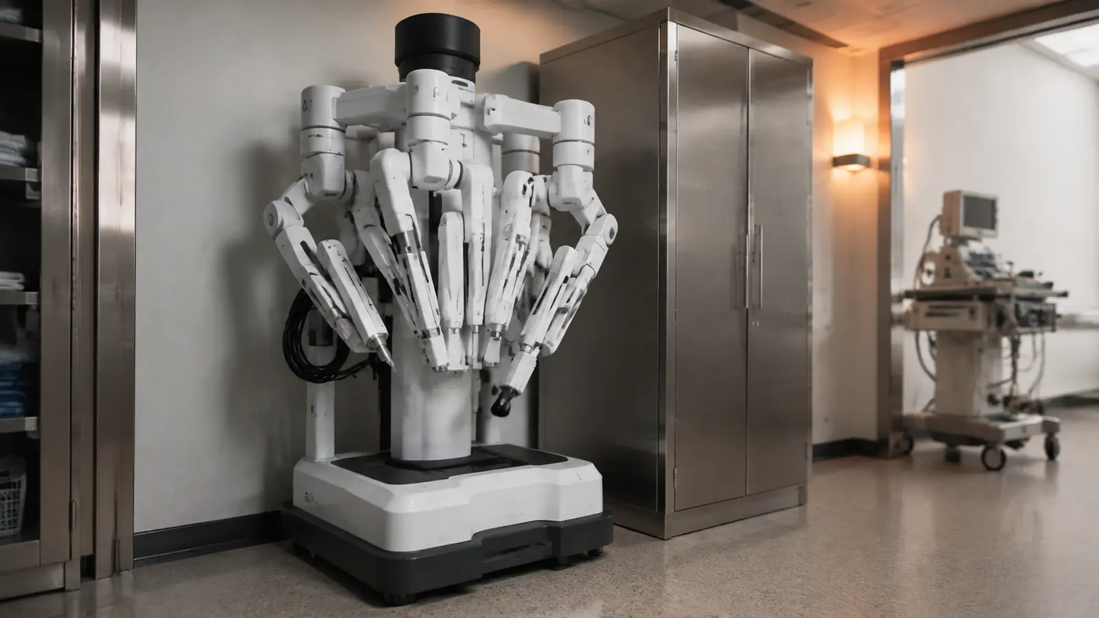 Mehrarmiges OP-Robotersystem abgestellt im Geräteraum einer Klinik