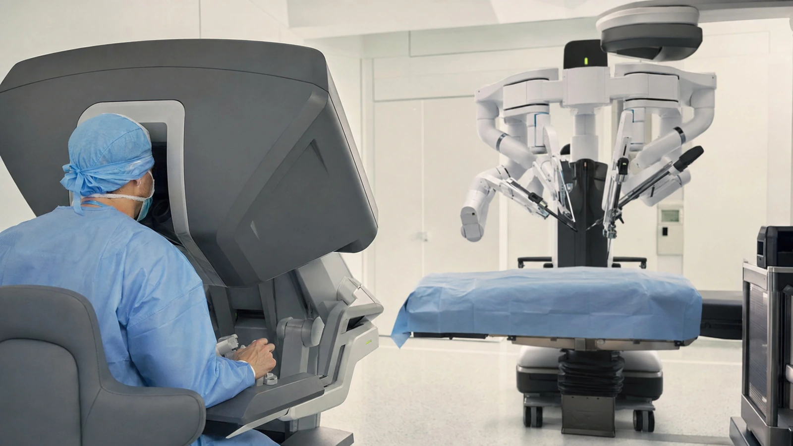 Chirurgin mit Haube an einer generischen Steuerkonsole, dahinter ein mehrarmiger OP-Roboter über dem abgedeckten Tisch