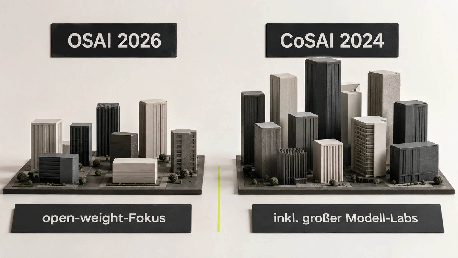 Infografik: OSAI 2026 mit open-weight-Fokus gegenüber CoSAI 2024 mit den großen Modell-Labs.