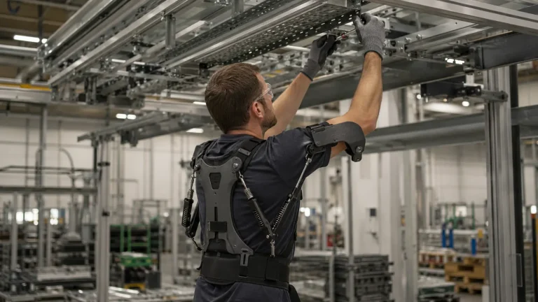 Arbeiter mit passivem Schulter-Exoskelett bei Ueberkopfarbeit