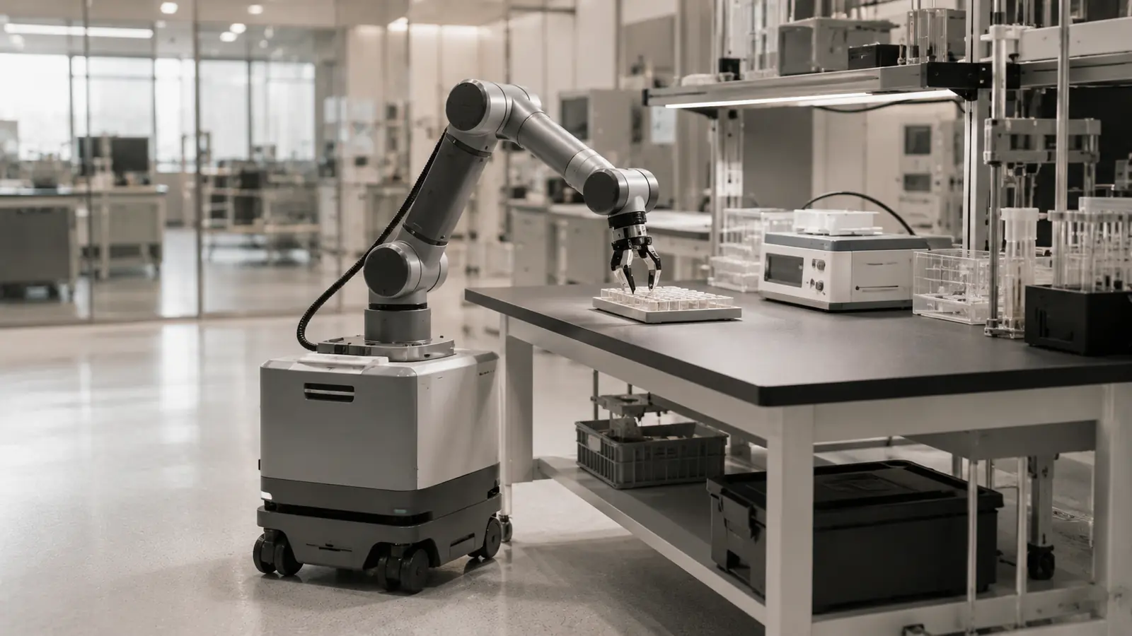 Mobiler Roboter mit Greifarm in einem Robotik-Forschungslabor.