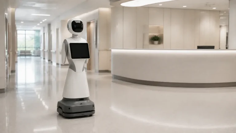 Sozialer Empfangsroboter mit Torso-Tablet in einer hellen Klinik-Empfangshalle.
