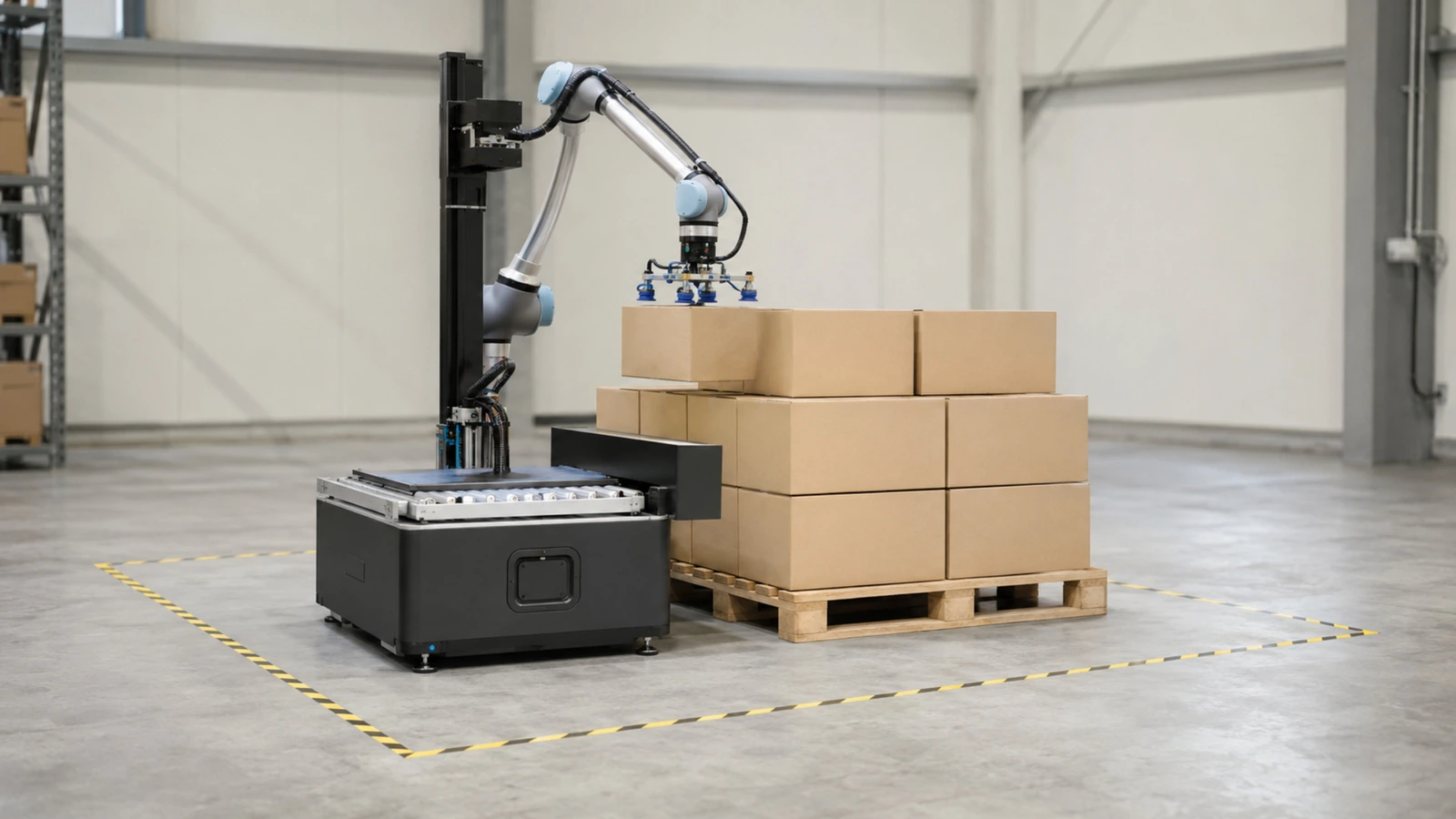 Kompakter kollaborativer Palettier-Cobot neben einer Palette ganz ohne trennenden Zaun