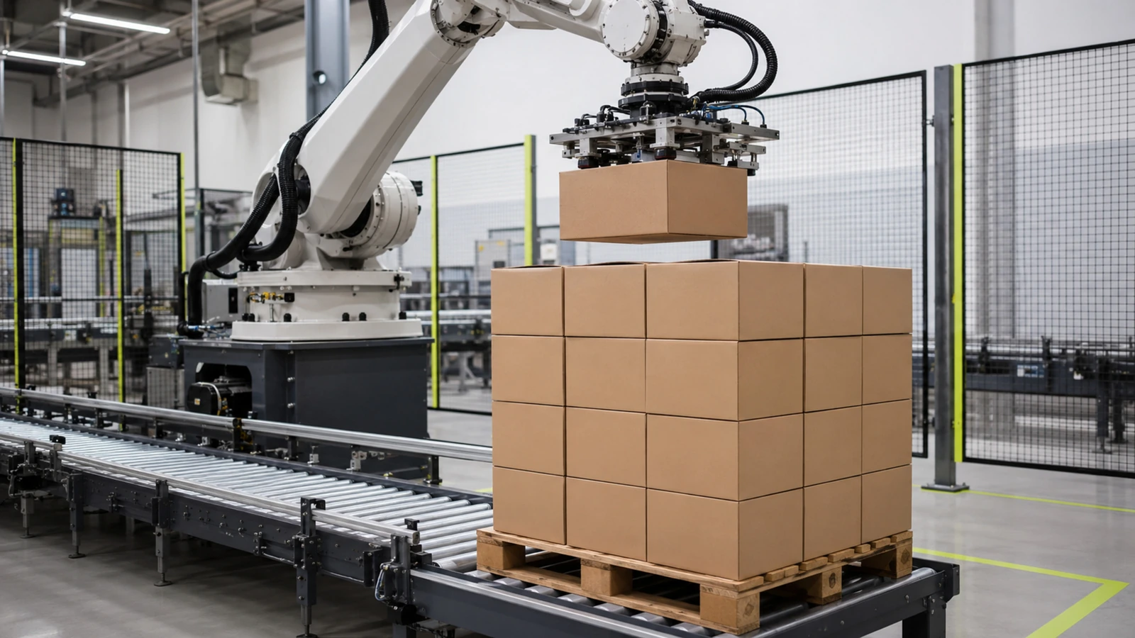 Generischer Industrie-Roboterarm stapelt Kartons lagenweise auf eine Palette am Ende der Förderlinie