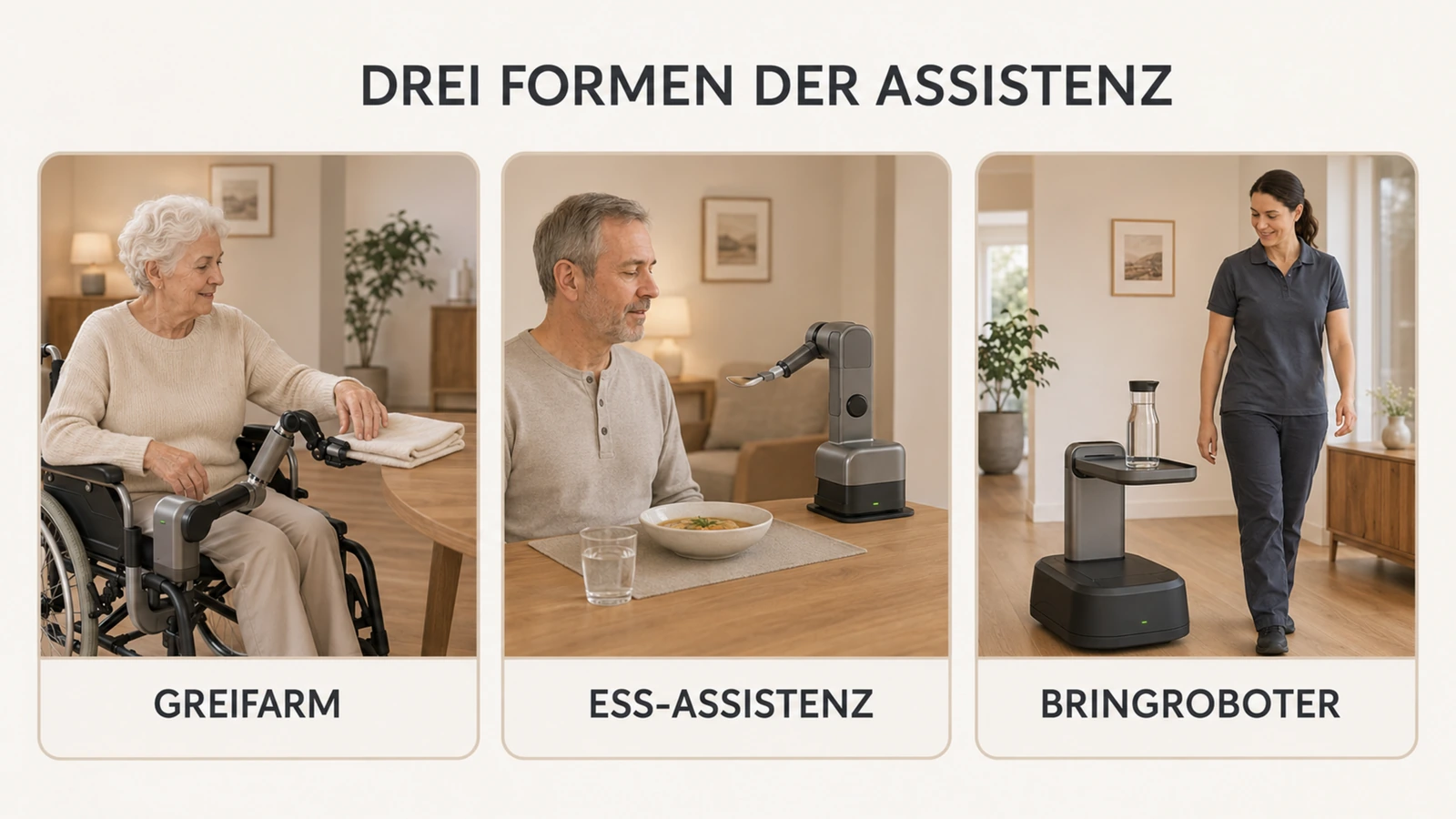 Drei Pflege-Assistenztypen nebeneinander: Greifarm, Ess-Assistenzarm und mobiler Bringroboter