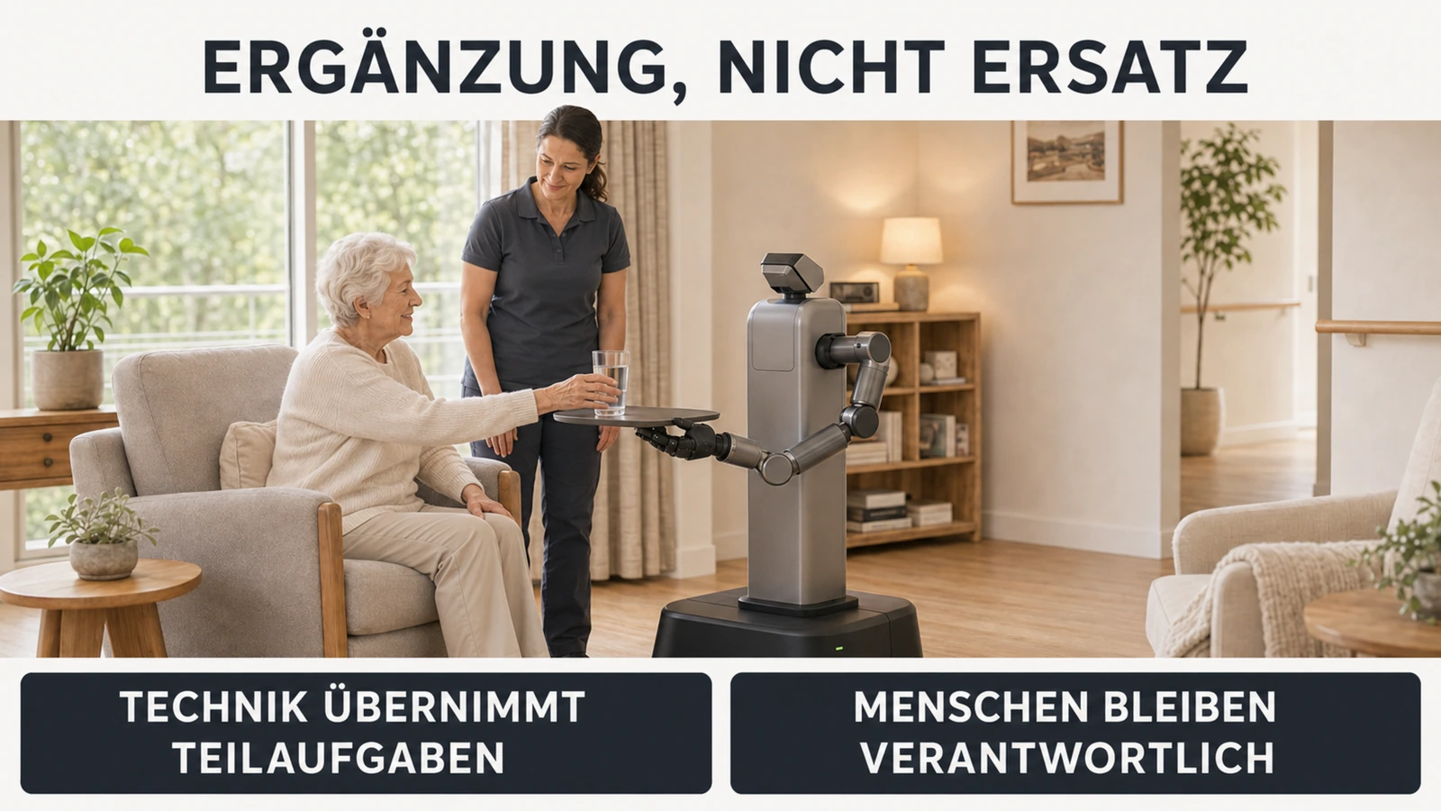 Pflegeroboter reicht ein Glas Wasser, die Pflegekraft bleibt im Hintergrund präsent