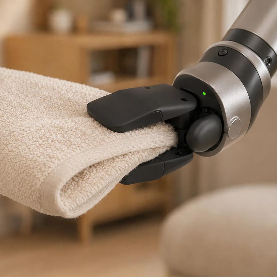 Close-up eines sanft greifenden Roboter-Greifers mit weichen Fingerkuppen
