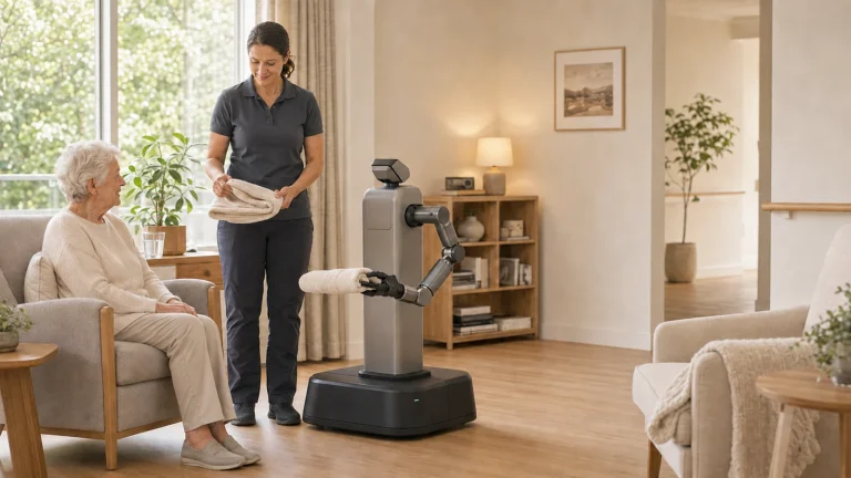 Mobiler Pflegeroboter mit Arm steht in einem hellen Pflegezimmer neben einer Pflegekraft