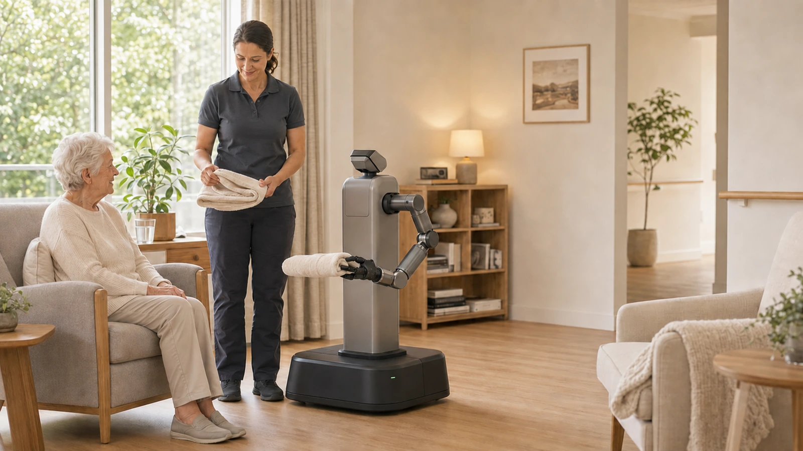 Mobiler Pflegeroboter mit Arm steht in einem hellen Pflegezimmer neben einer Pflegekraft