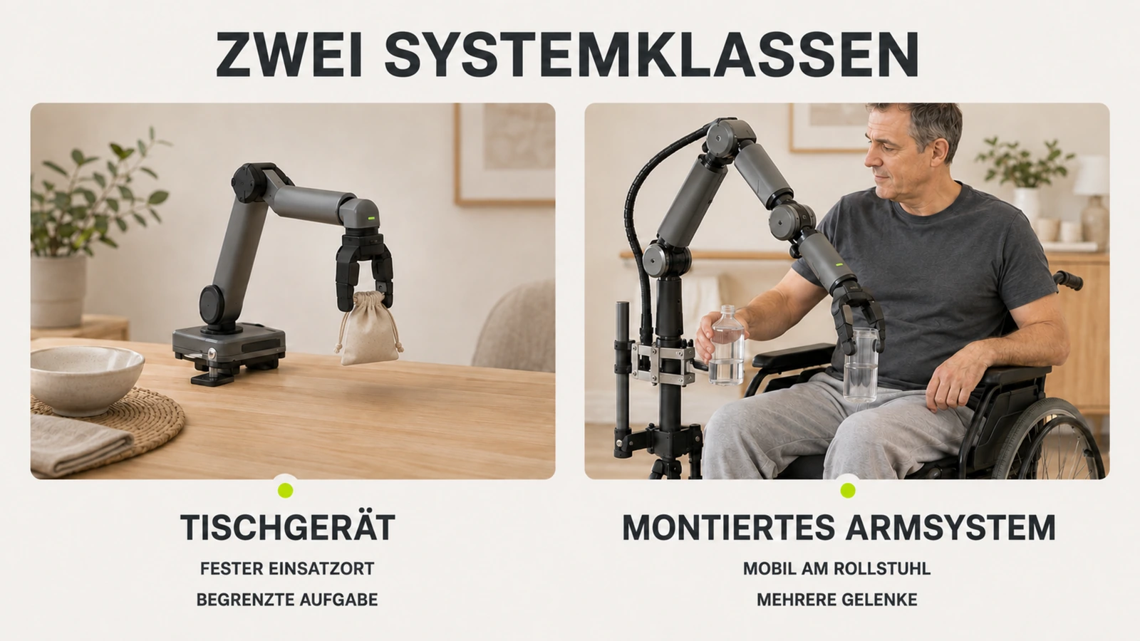 Einfacher Tischroboter neben einem komplexen Armsystem, zwei Preisklassen im Vergleich