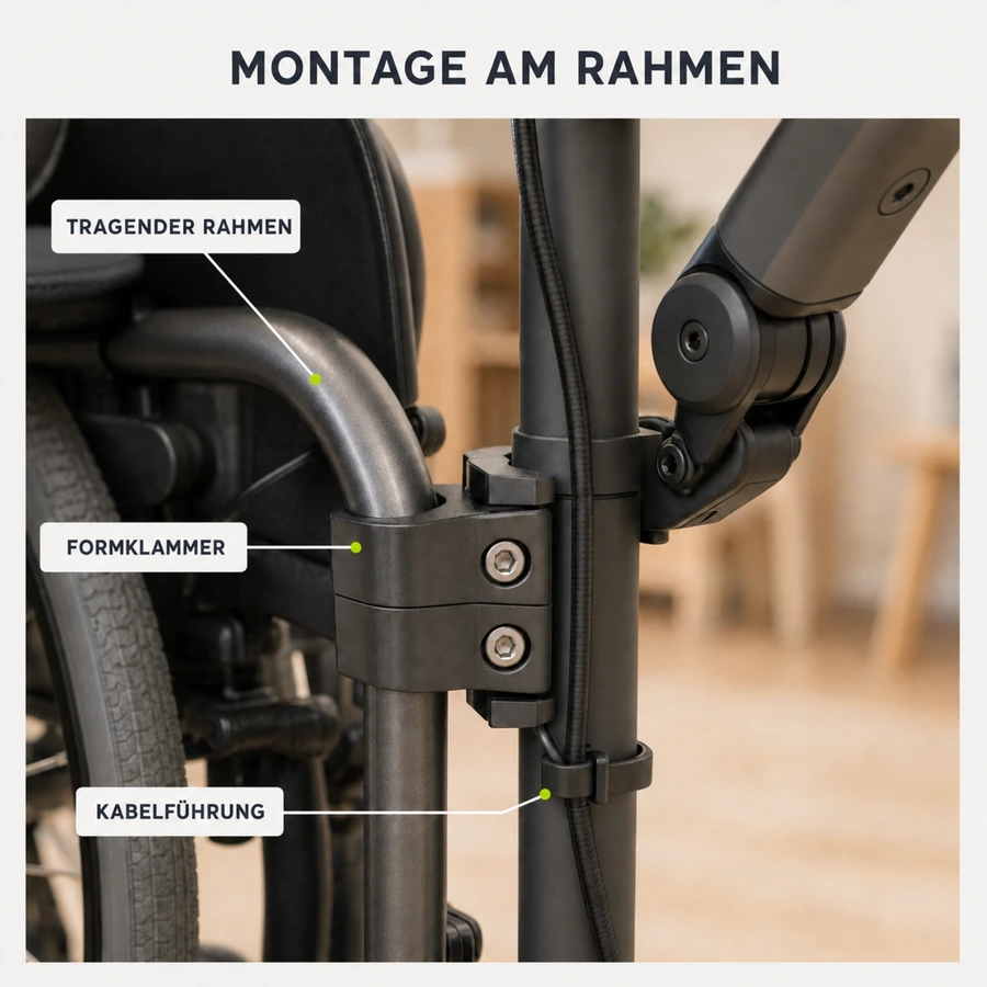 Close-up der Montageschnittstelle eines Assistenzarms am Rollstuhl