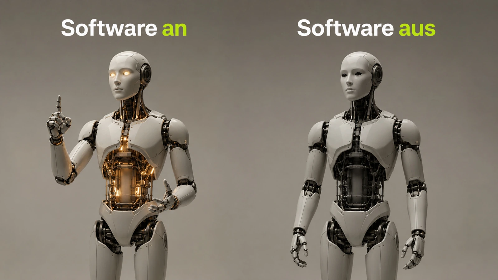 Zwei baugleiche Roboter nebeneinander, einer aktiv, einer aus, weil die Physical-AI-Software den Unterschied macht