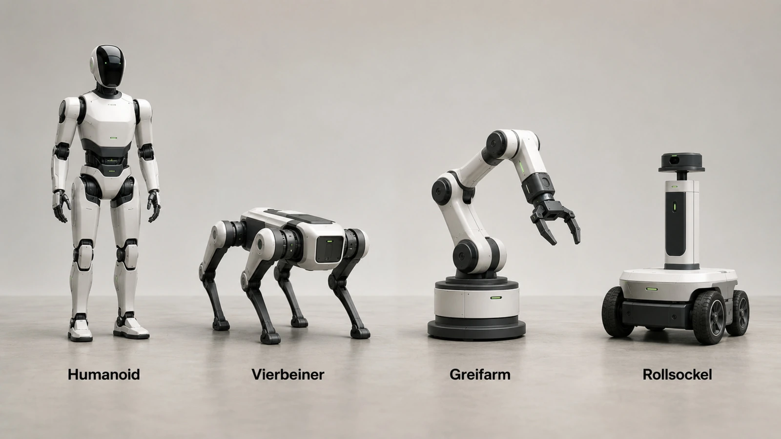 Reihe verschiedener Robotertypen vom Humanoiden bis zum Greifarm im Feld der Physical AI